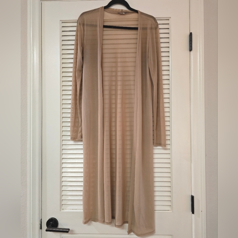 Fashion Love - Long Tan Sheer Lightweight Flowy Long-Sleeve Open Cardigan